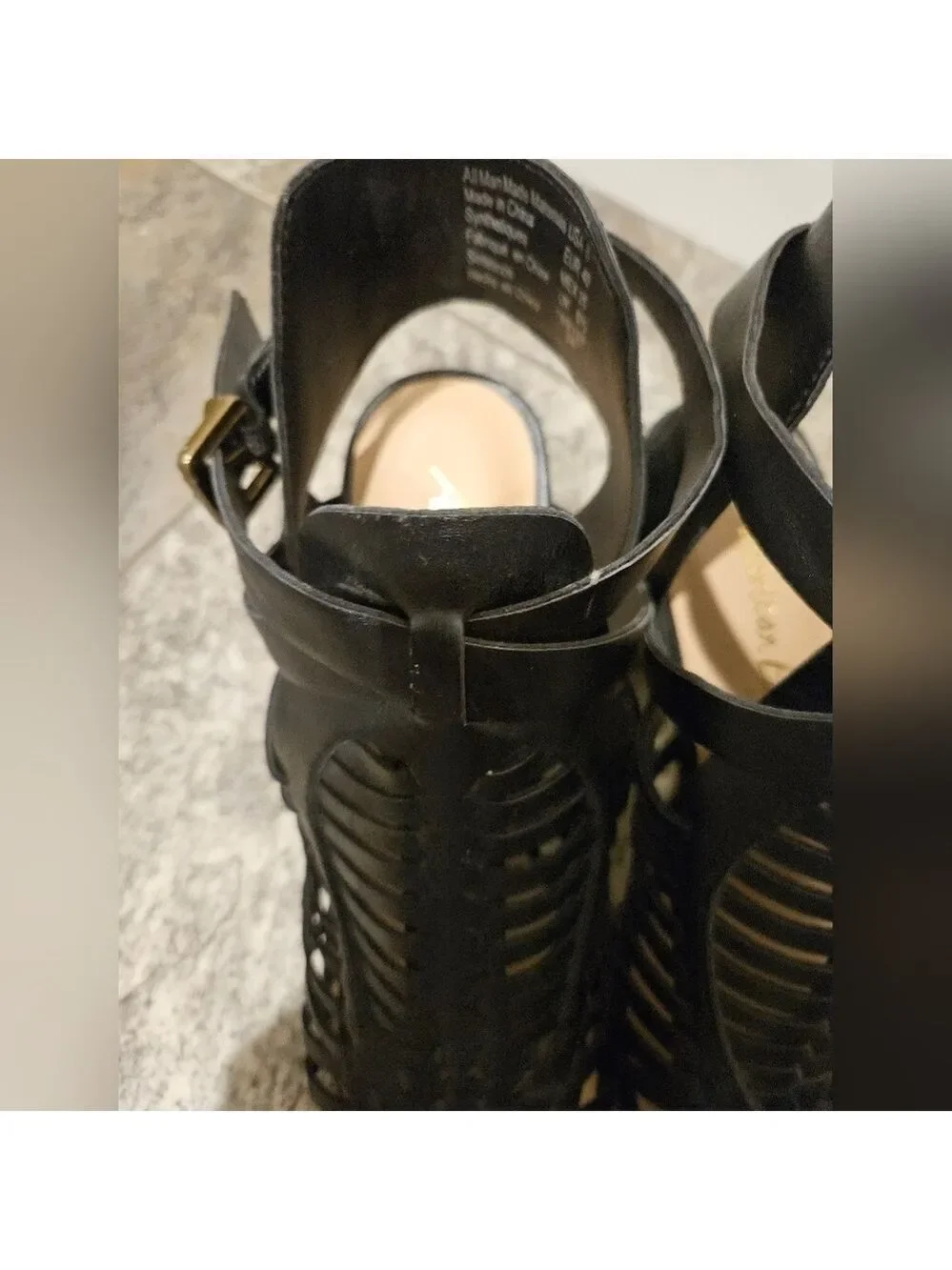 AMERICAN EAGLE BLACK FAUX LEATHER PEEPTOE STRAPPY HIGH BLOCK HEEL SANDALS SIZE 8